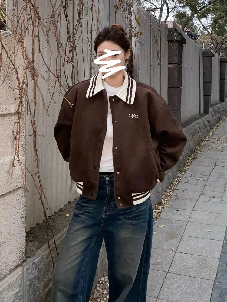 正肩美式复古字母刺绣棒球服外套冬季宽松休闲百搭夹克上衣