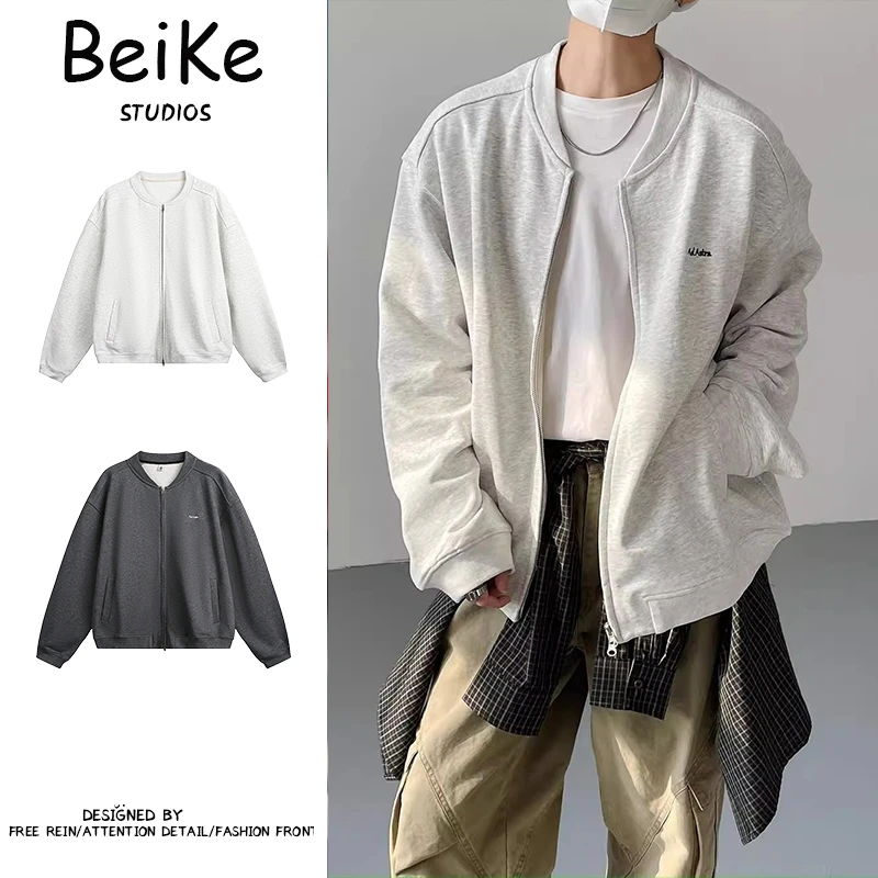 春秋季韩版cleanfit时髦复古简约短款棒球领夹克外套男士运动卫衣