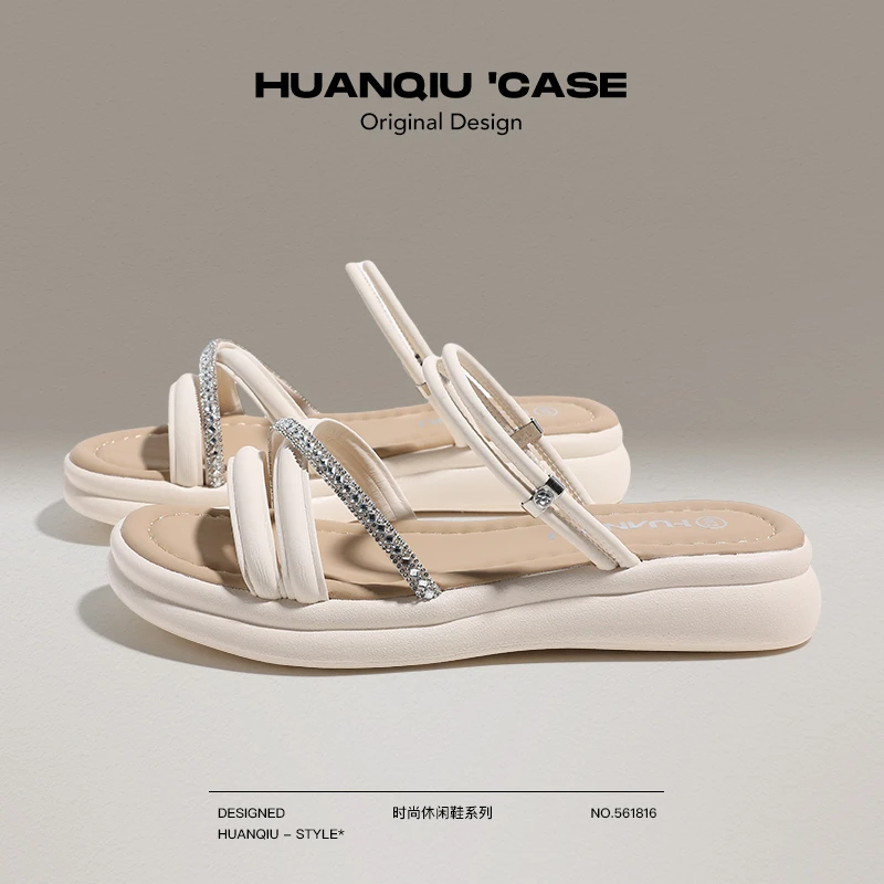 环球2025夏季新款水钻前后绊带法式一字带凉鞋露趾时尚鞋坡跟女鞋