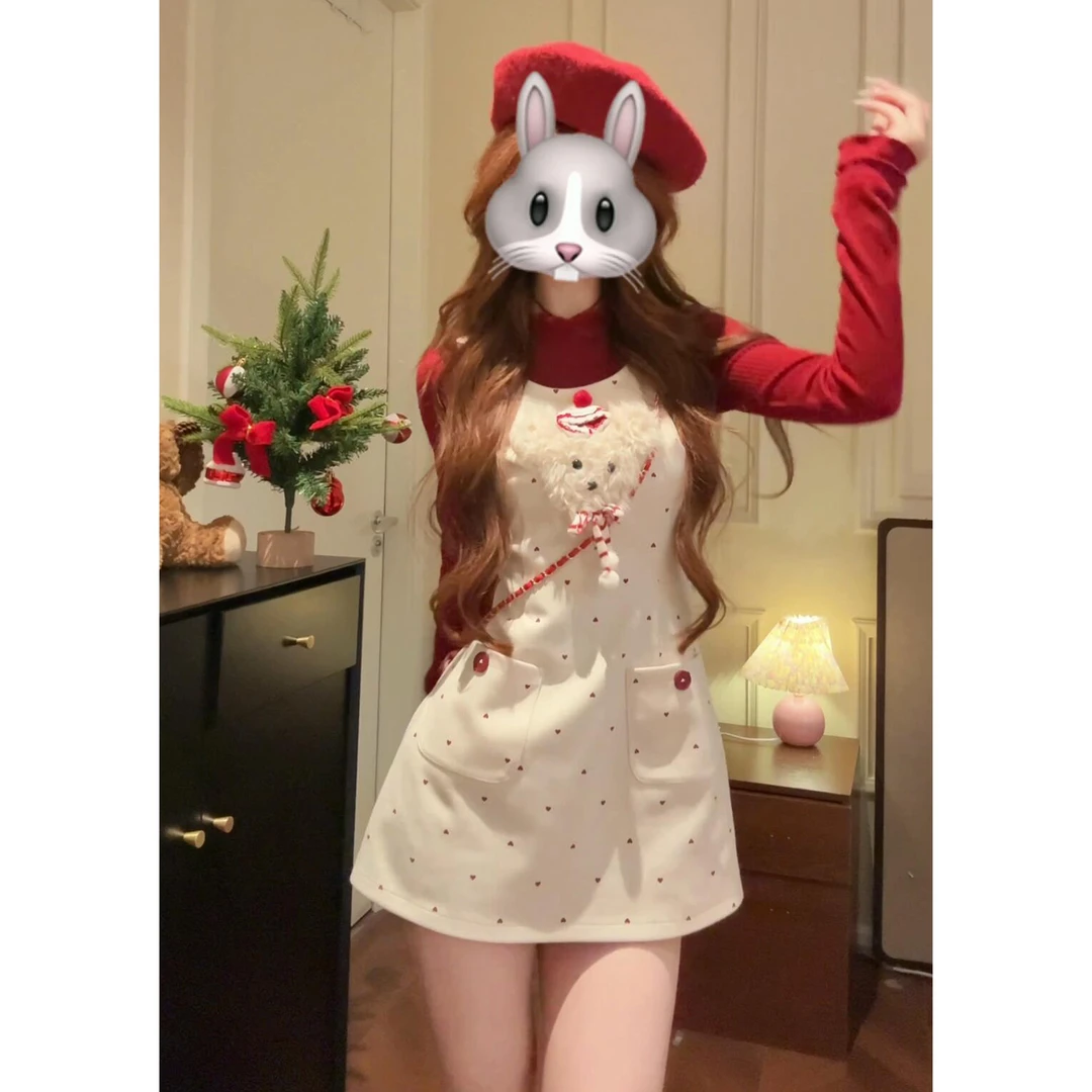 2026新款圣诞穿搭红色高领内搭背带连衣裙子秋冬a字收腰短裙套装
