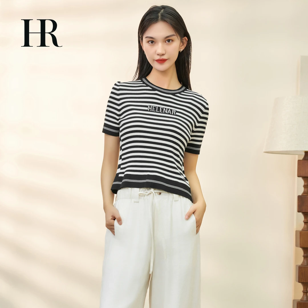 【HR赫莲娜】印花少女风毛衣运动刺绣休闲字母夏季半袖打底衫-