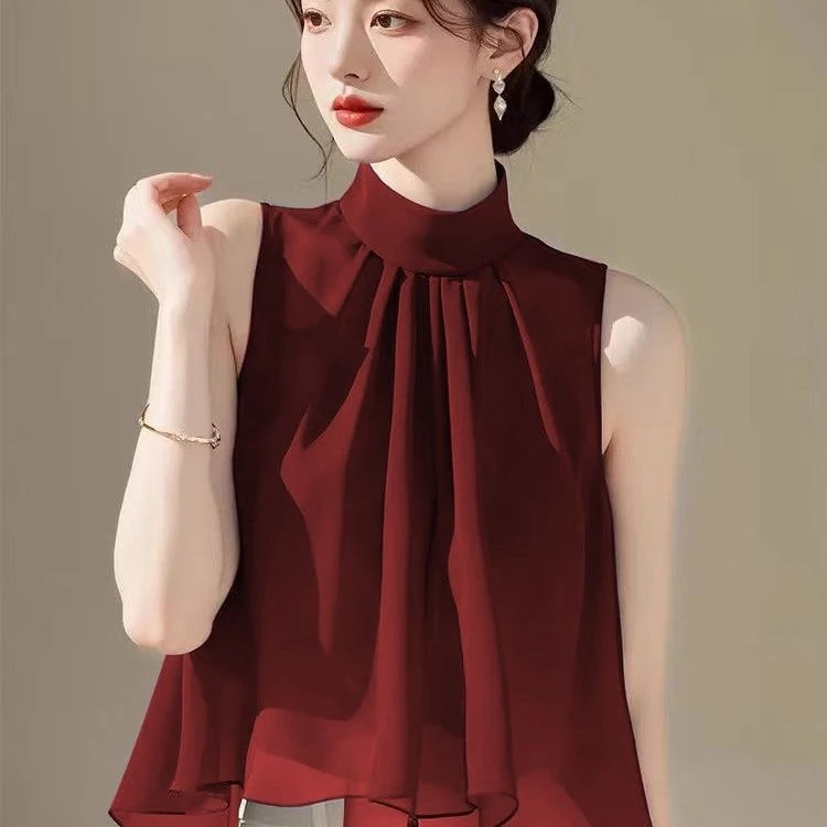法式无袖挂脖酒红纯色衬衫女夏季新款超仙仙气飘飘遮肚子显瘦上衣