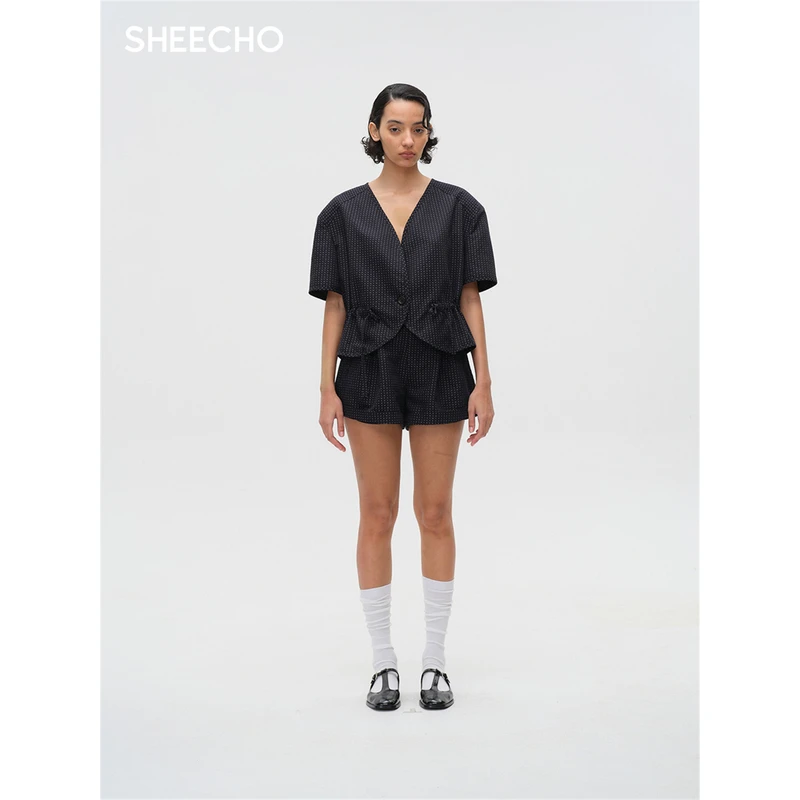 ASYUS设计师品牌25PF早秋纯色波点压褶休闲裤女短裤SHEECHO