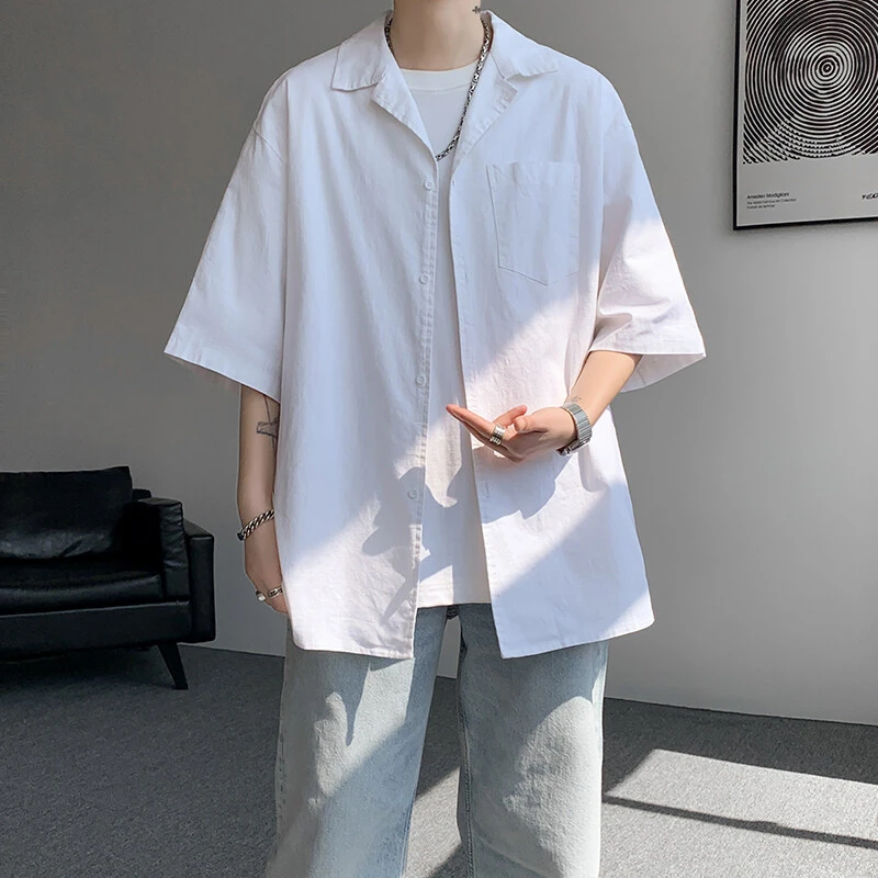 高个子大码190短袖衬衫夏季男士衬衣潮流港风五分袖韩版薄款衬衣