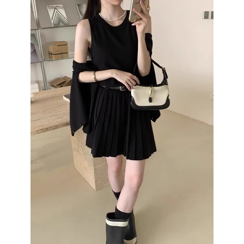 【三件套百搭】韩系圆领针织开衫百褶背心连衣裙两件套秋季显瘦时尚