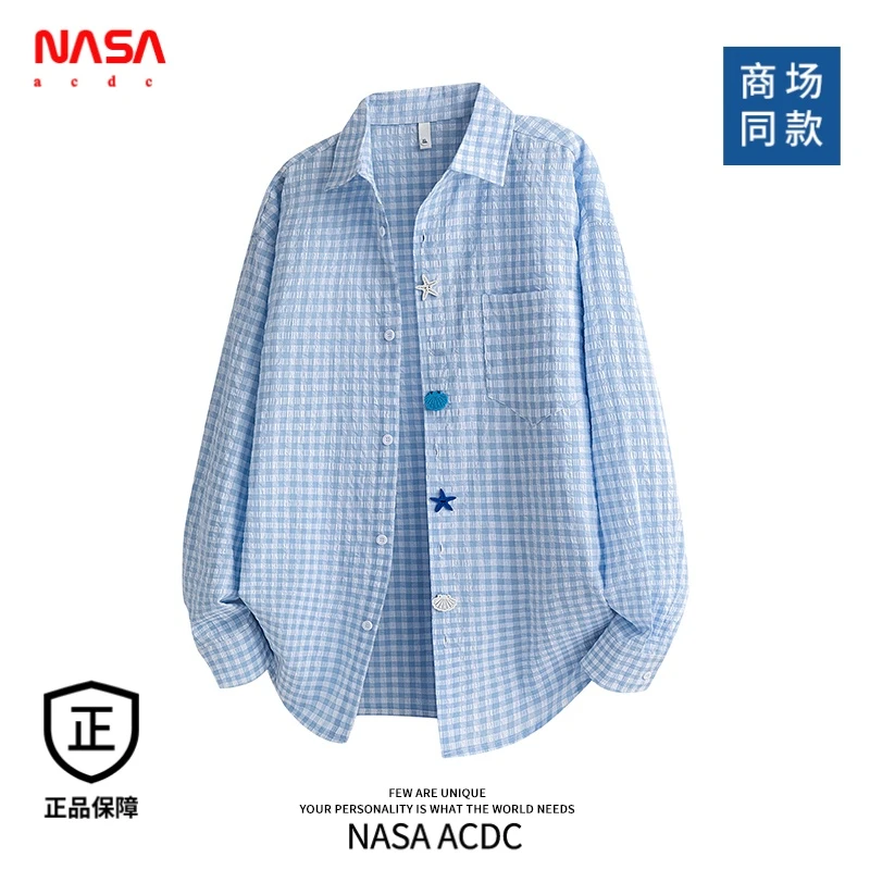 NASA ACDC蓝白格子衬衫男士春秋潮牌设计感百搭长袖衬衣开衫外套