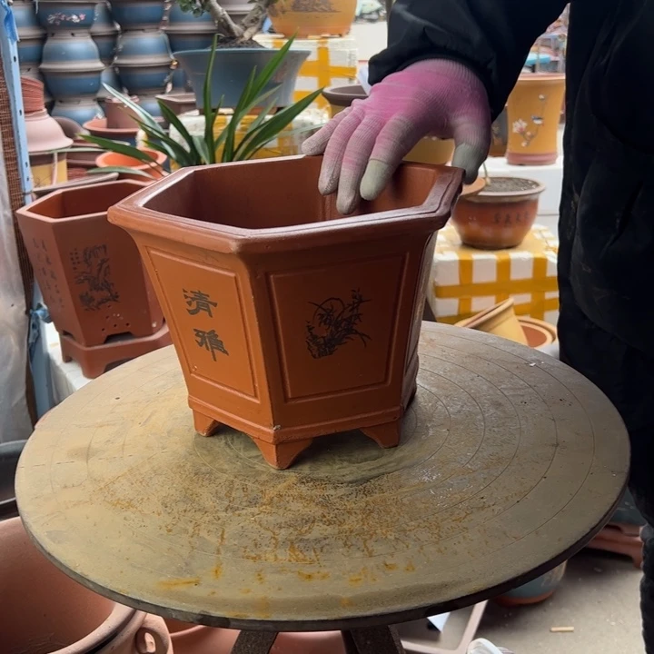 紫砂宜兴紫砂花盆红六方25