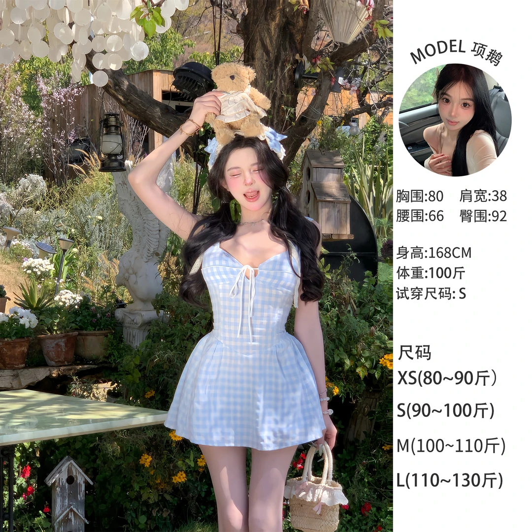 天鹅er 【椰云奶霜】夏季连体纯欲格子小清新连衣裙E25Q0595