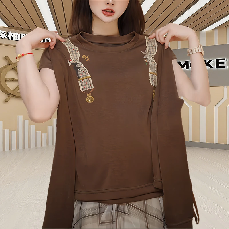 老钱风洋气圆领长袖T恤女秋季新款别致复古印花内搭休闲打底衫