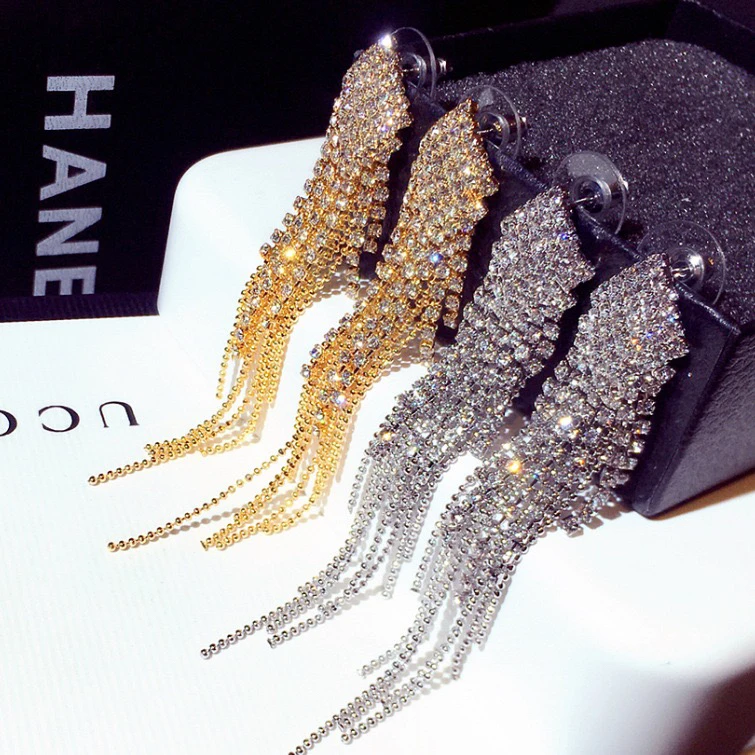 铜合金耳饰 精品/新款时尚大气银针耳环长款超闪镶锆气质流苏耳钉