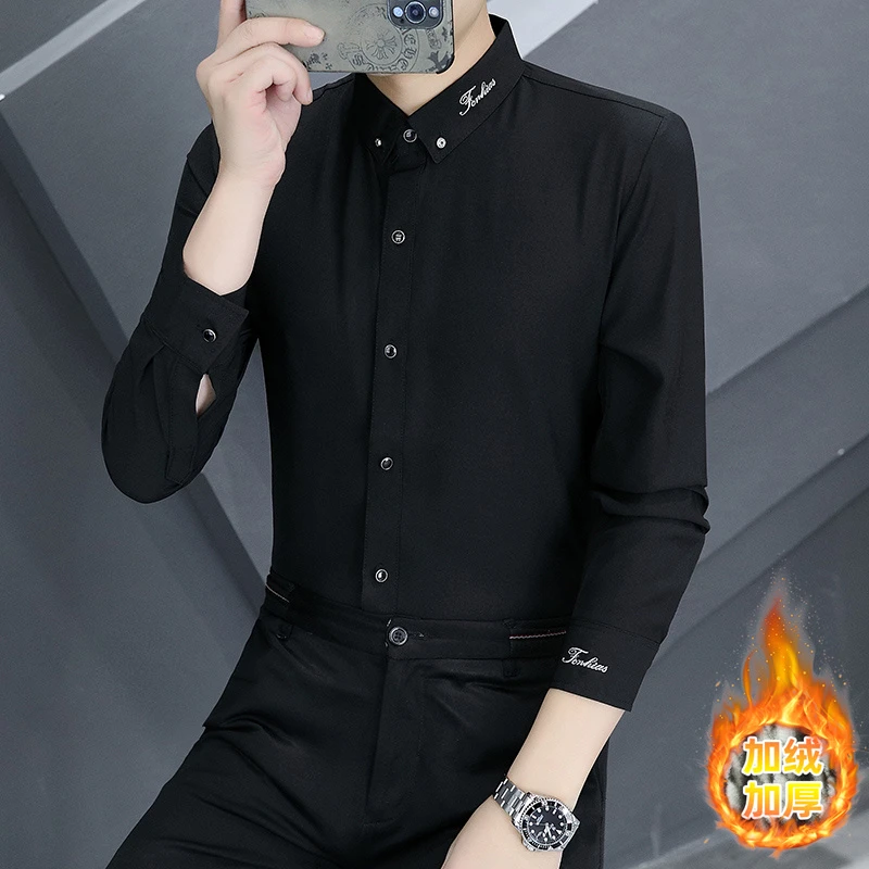 2025秋冬时尚帅气修身纯色刺绣男士休闲保暖衬衫3028