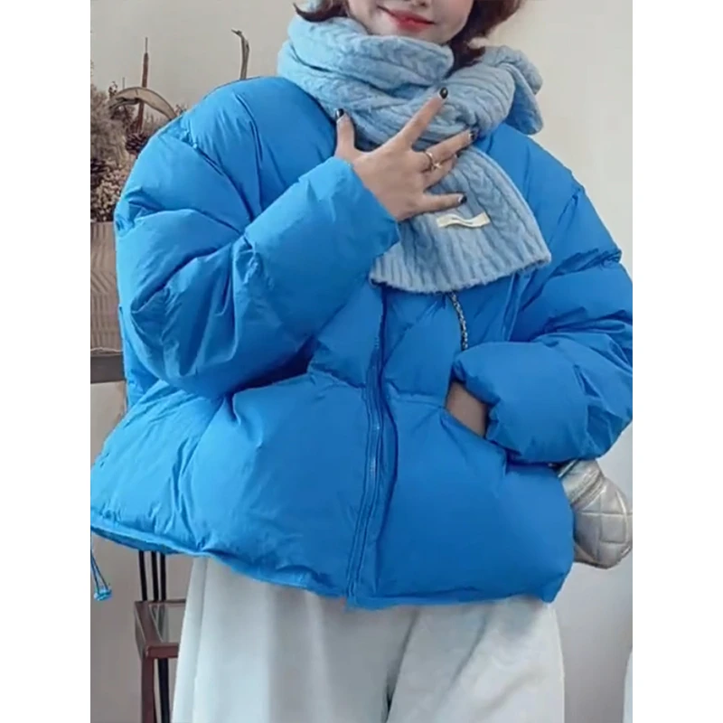 克莱因蓝色棉服女短款棉衣韩系秋冬装宽松高级感小个子面包服外套