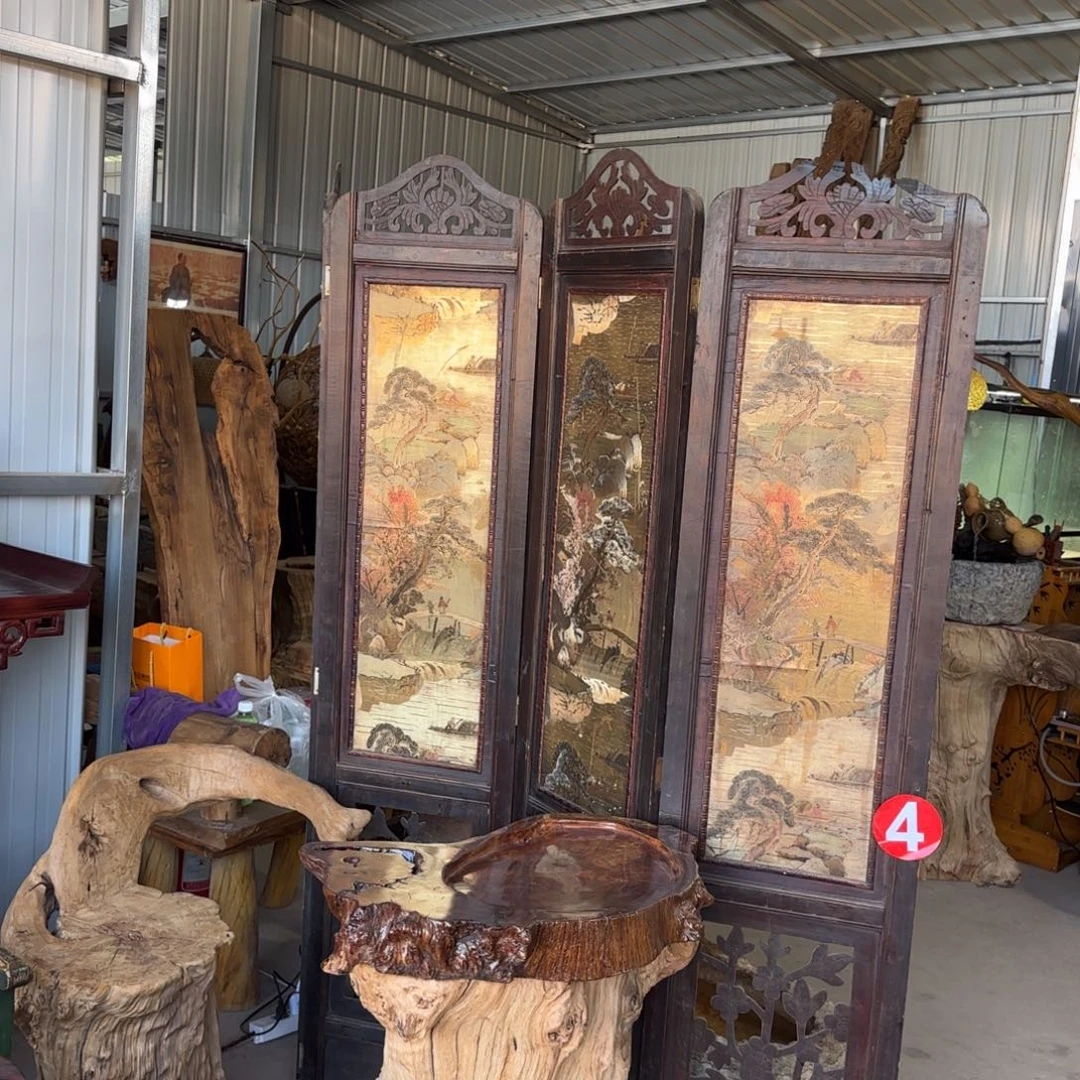 木质老物件屏风山水画