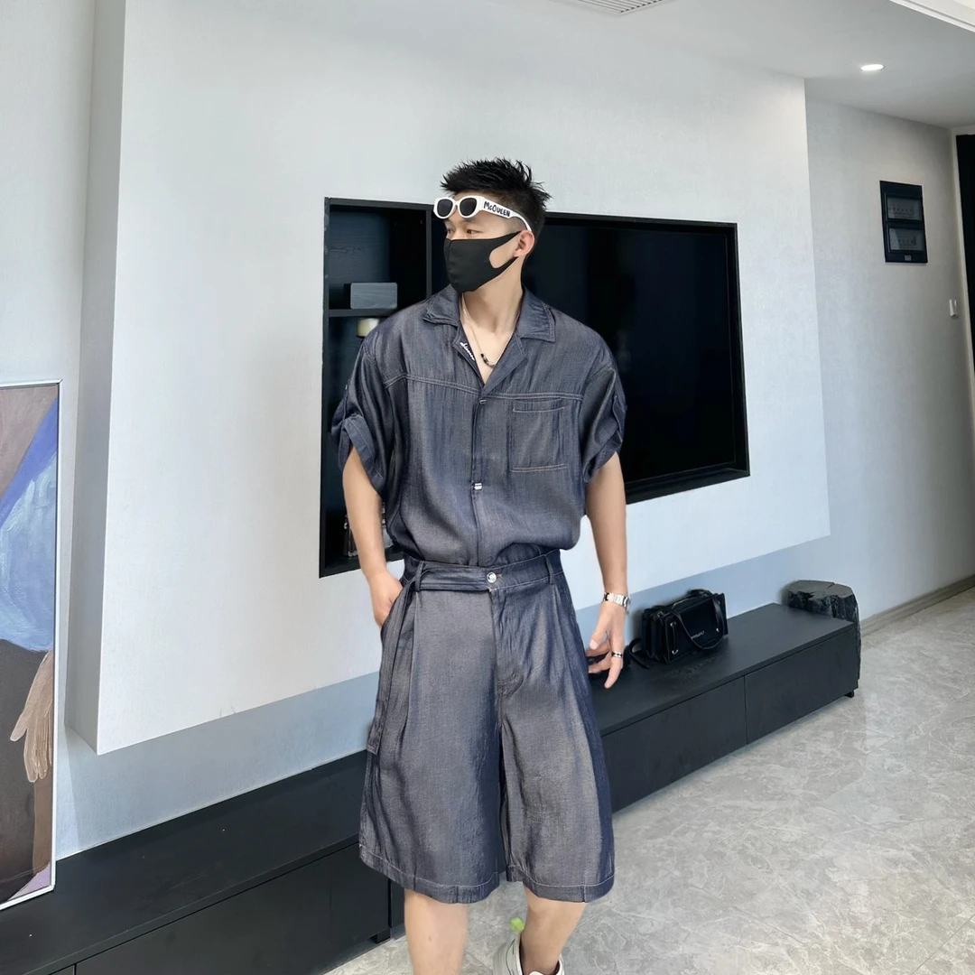 夏季高级感冰丝牛仔古巴领男士休闲痞帅套装男宽松透气工装两件套