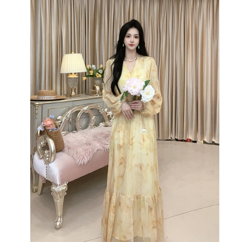 2025春装新款V领气质长袖连衣裙大摆长裙M-2XL