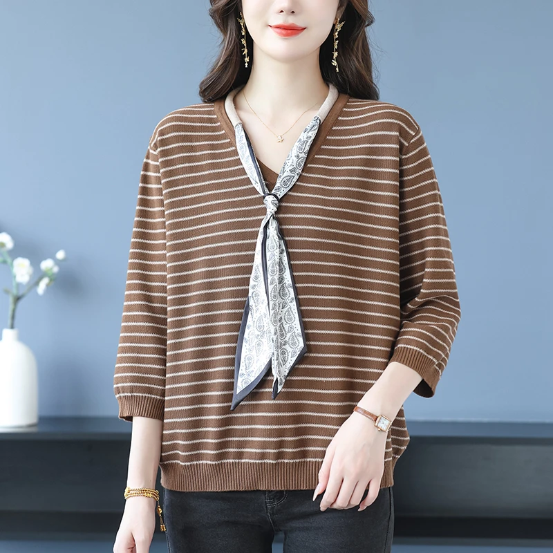 丝巾领打底衫春秋时尚高贵大码女装妈妈条纹毛衣薄款七分袖上衣女