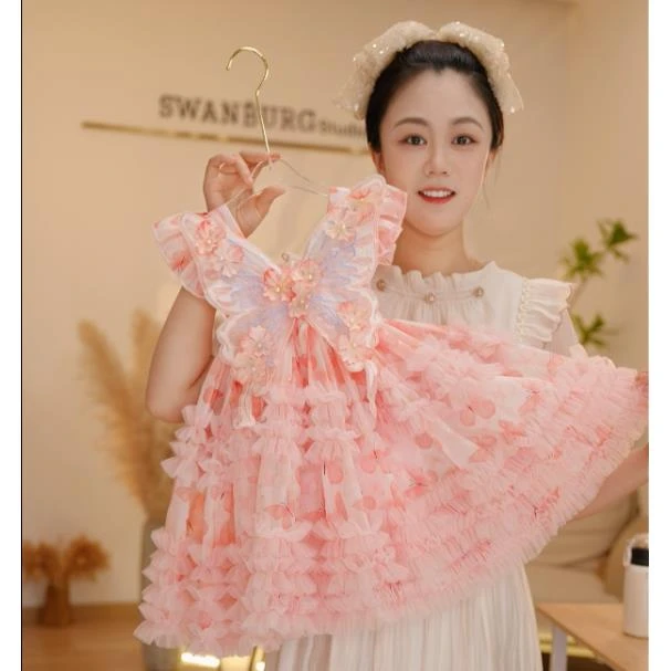 【Y.d0007】2025夏新款女童甜美碎花蝴蝶网纱裙夏季女宝泡泡袖洋气