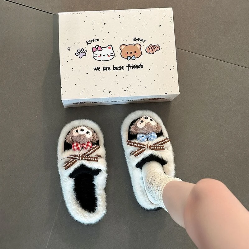 可爱卡通休闲小熊毛毛拖鞋女2025秋冬季新款时尚厚底保暖棉拖鞋