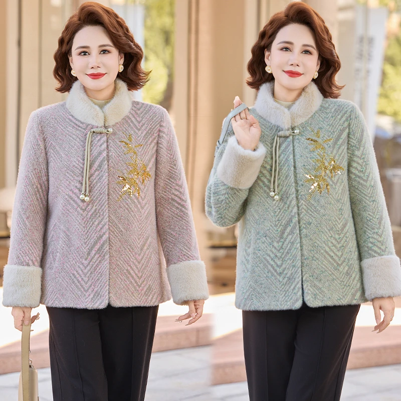 新中式妈妈冬装加厚仿水貂绒毛呢外套中老年女装加绒棉服保暖棉衣