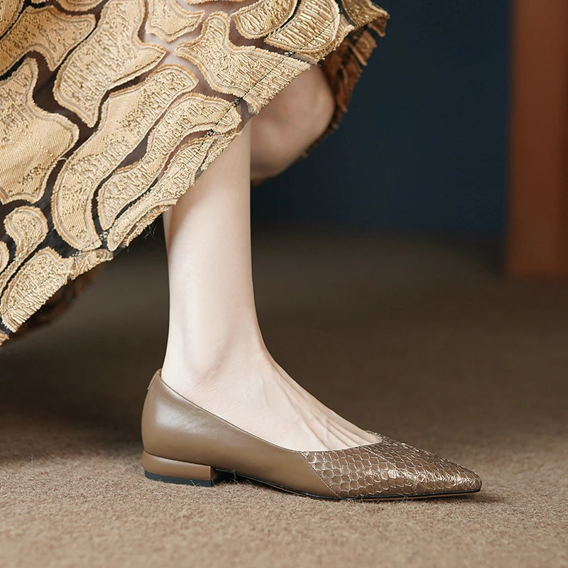 蛇皮/2cm 2023秋季新款双色百搭手工真皮软底百搭女平底鞋D993