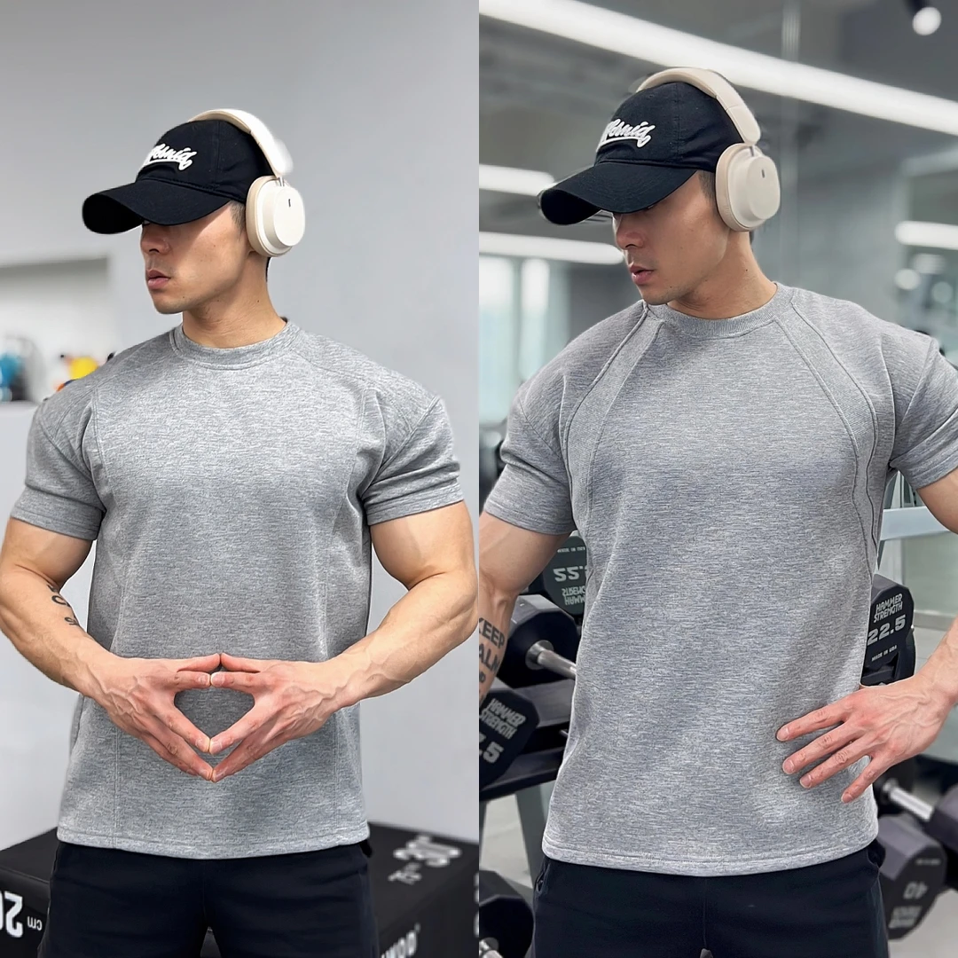 2025春夏男士重磅拼接短袖抗皱高弹硬挺显型训练运动休闲T恤