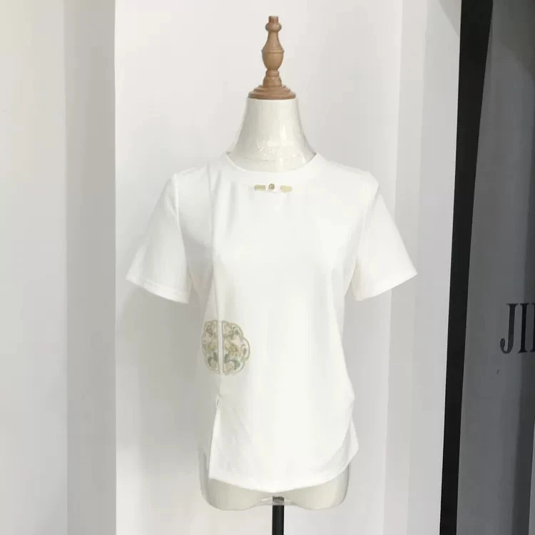新中式圆领短袖短款T恤韩版纽扣设计感女士气质刺绣