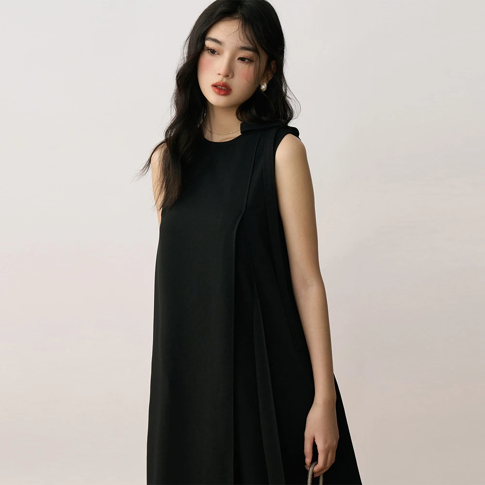 【盛都】新法式复古少女感无袖蝴蝶结飘带黑色背心连衣裙女12113