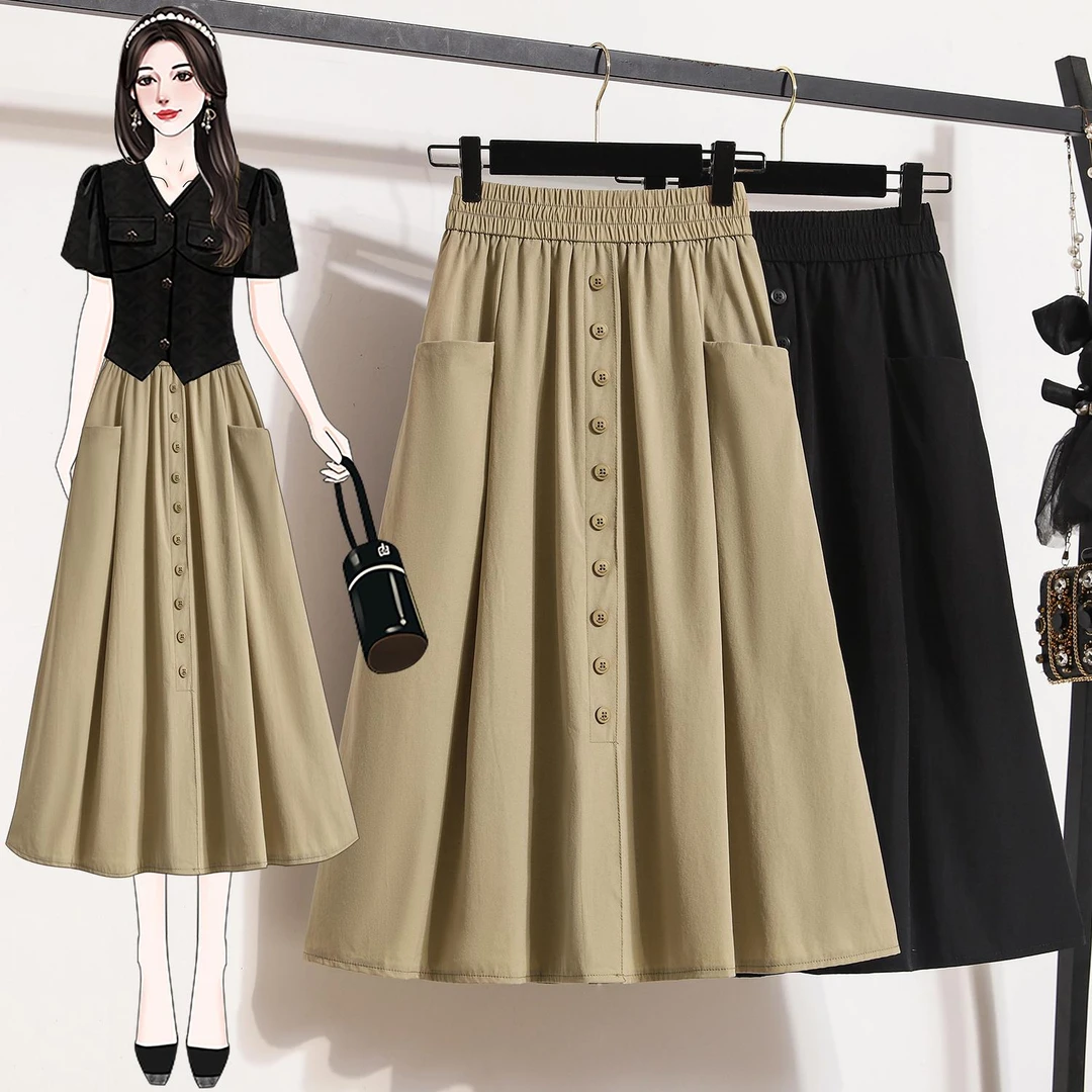 女夏季气质高腰显瘦中长款新款裙子40-大码裙A字百搭洋气高贵上衣