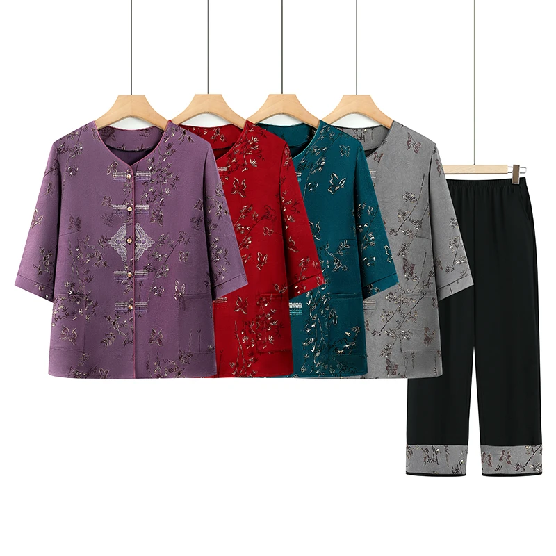 中式七分袖妈妈衬衫两件套夏装奶奶夏季老太太套装老人衣服开衫