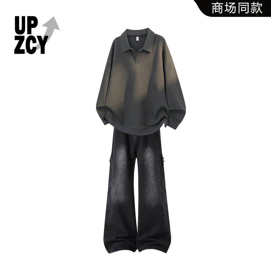 UPZCY美式街头复古痞帅感卫衣套装2025秋冬新款水洗做旧牛仔裤男