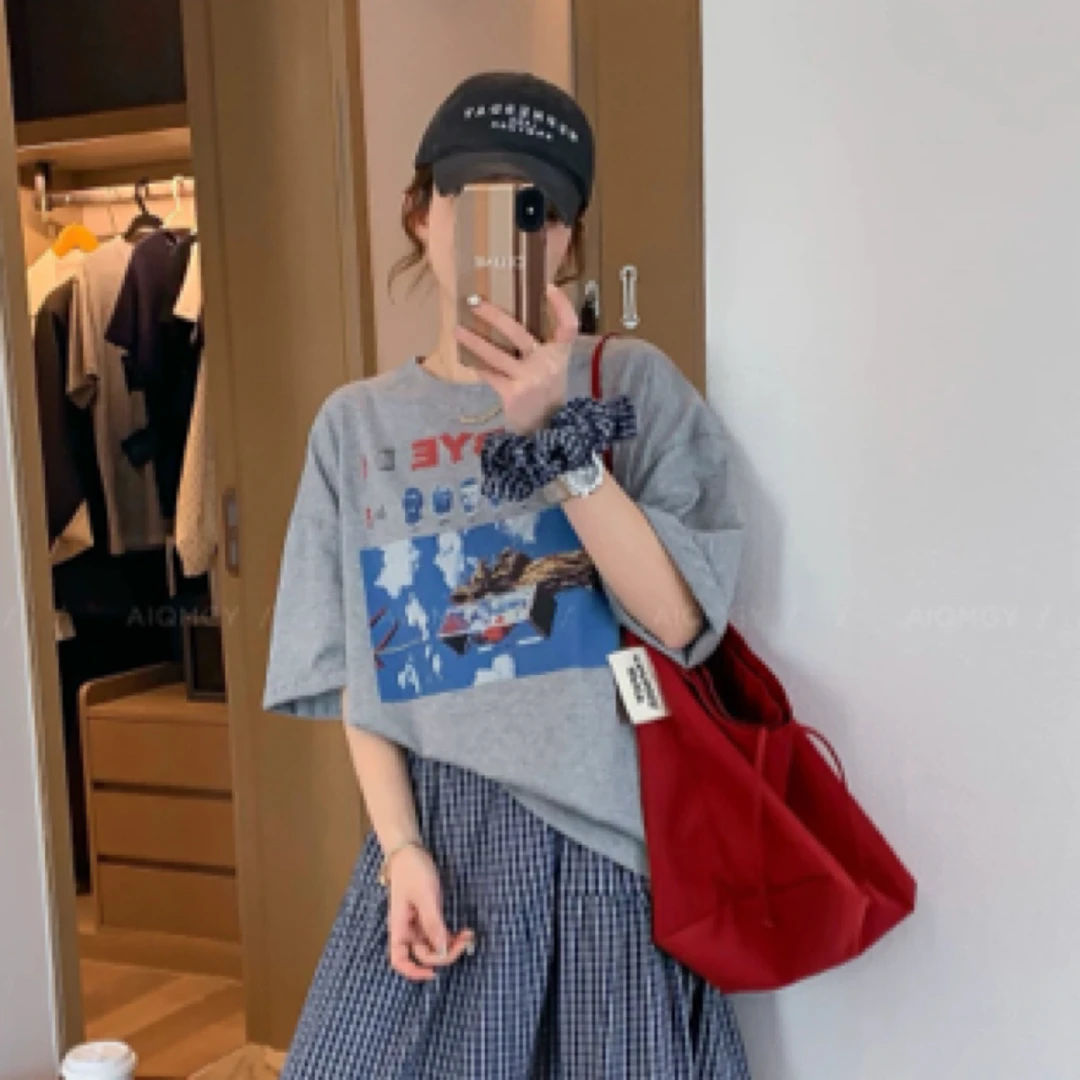 流行白色印花短袖T恤上衣复古人物头像短袖T恤女2627