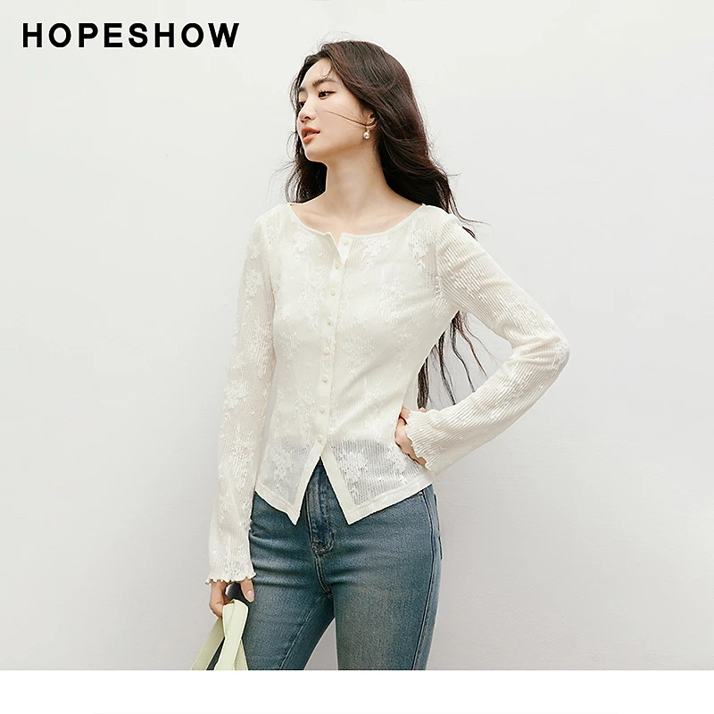 红袖2025秋季新款女装 蕾丝绣花木耳边圆领套头上衣90125262001