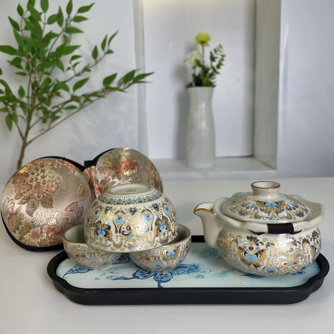 金银错蝴蝶手抓（一壶三杯）+茶盘@Z960