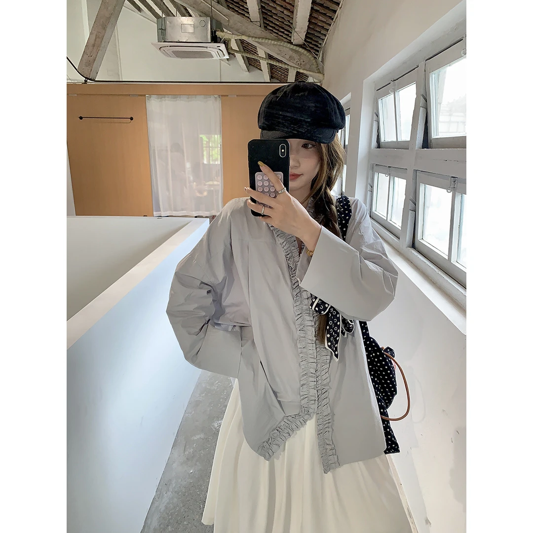 春夏小众重工木耳花边拼接正反两穿宽松衬衫低腰中裙半身裙两件套