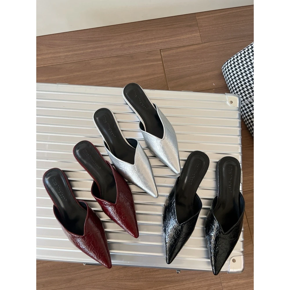 2025新款春季女鞋时尚气质欧美风尖头平底半拖鞋女浅口包头拖鞋女