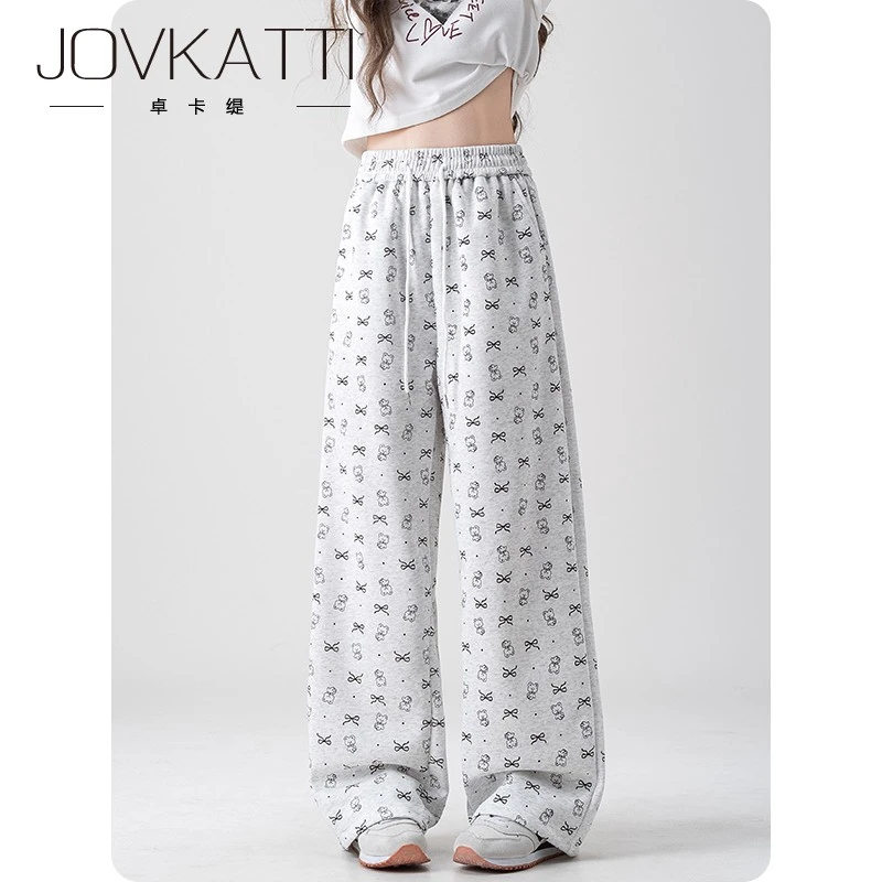 白灰色小熊蝴蝶结印花休闲垂感长裤女2025春秋新款宽松阔腿裤子