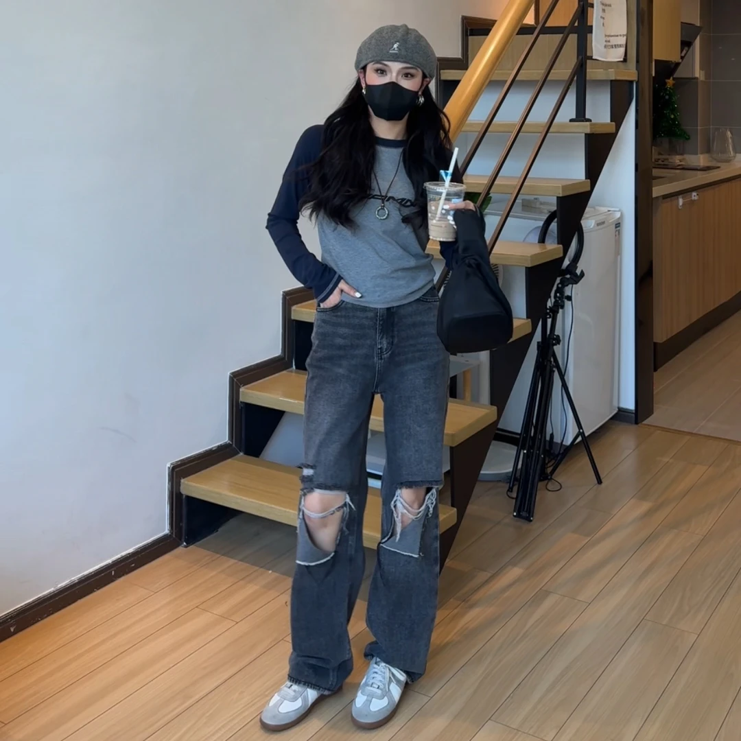 150小个子韩版破洞直筒裤春复古港风设计感高腰牛仔磨毛显瘦拉毛