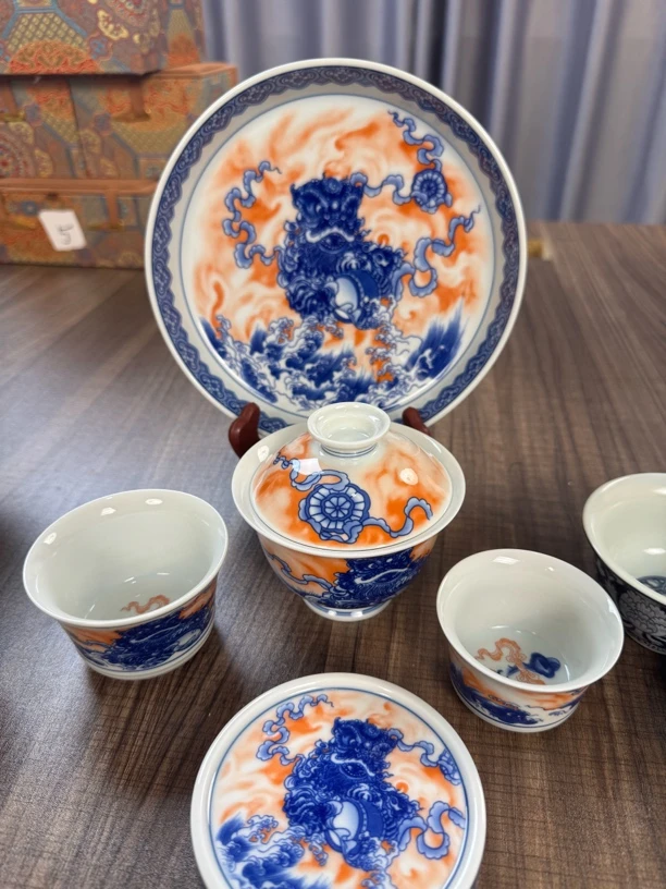 景德镇青花梵红国风醒狮陶瓷五件套