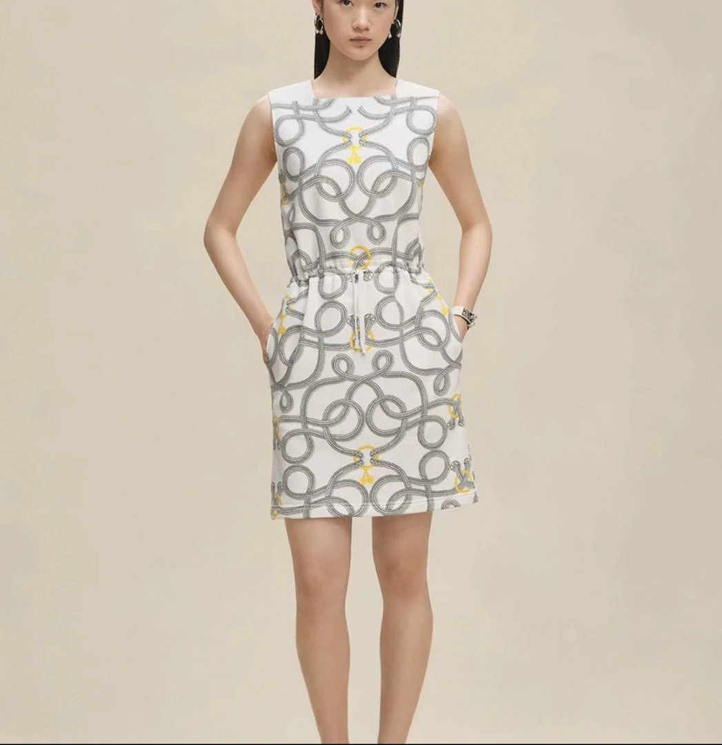 「长芯」高定25腰间抽绳收腰绳结印花无袖背心连衣裙 YZ25K011145