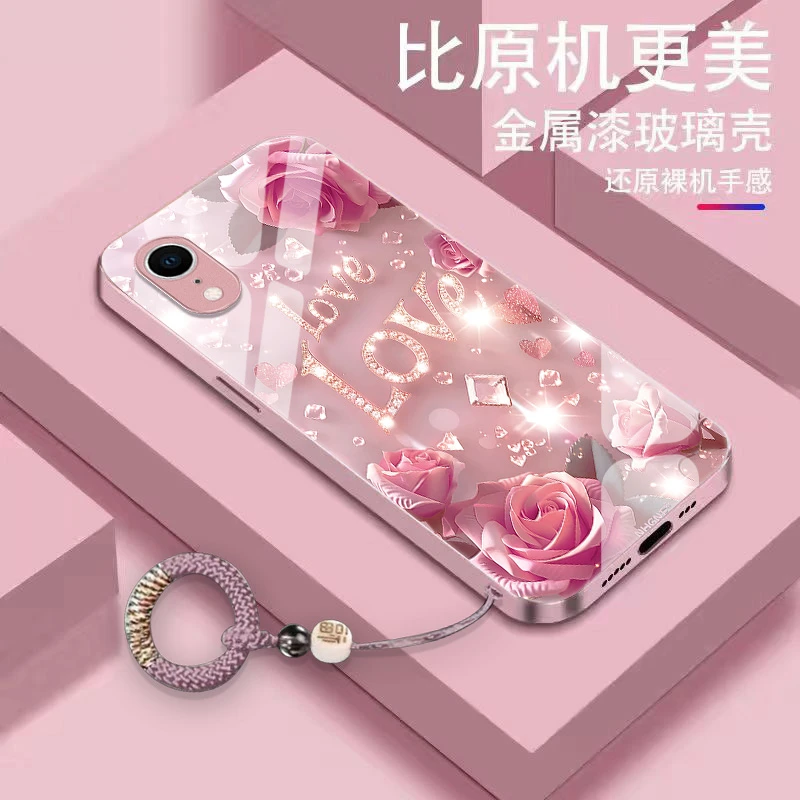 轻奢钻花朵适用苹果XR手机壳金属漆玻璃全包轻奢时尚简约外壳耐脏