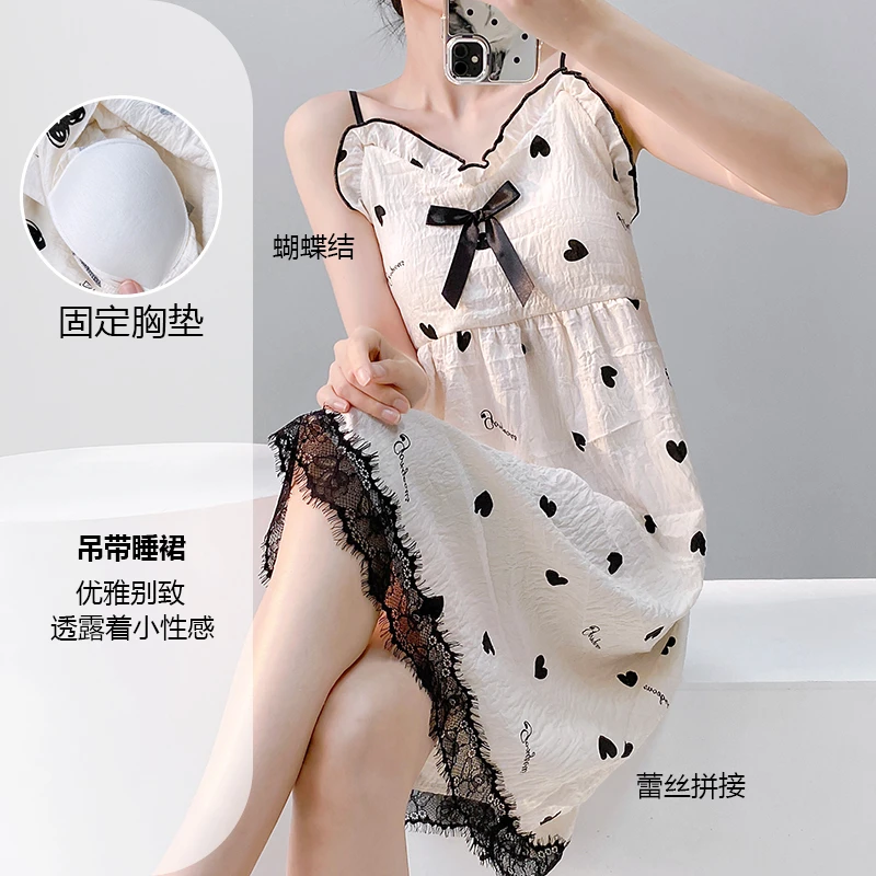 吊带睡裙女固定胸垫夏季新款性感蕾丝花边印花家居服连衣裙可外穿