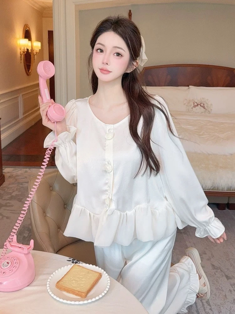 秋季荷叶边冰丝睡衣女春秋女款新款轻奢长袖长裤洋气两件套家居服