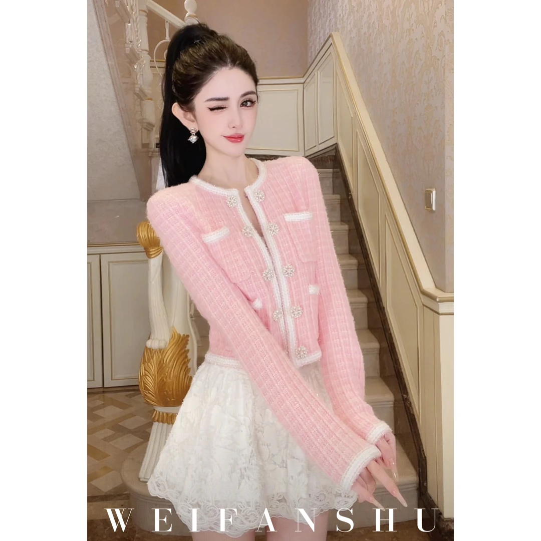 WEIFANSHU/魏凡舒【恋综女神】早秋新款气质小香风百搭格纹针织开衫