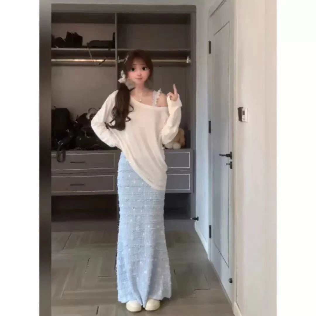 【安心推荐】白色辣妹纯欲风斜肩长袖T恤女新款宽松休闲百搭套装