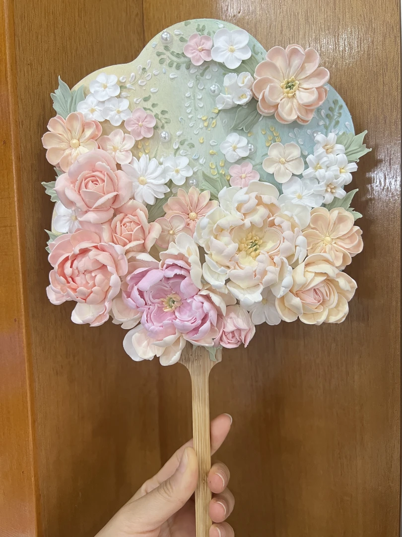 【裱花黏土团扇】纯手工制作黏土团扇工艺品