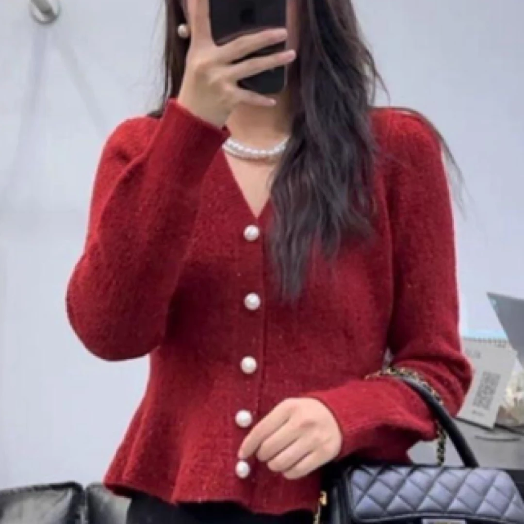 小香风气质V领开衫女荷叶边下摆收腰显瘦女装
