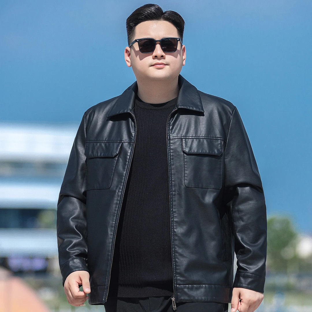 皮衣外套男大码秋冬翻领加肥加大男装皮夹克宽松休闲胖子短款上衣