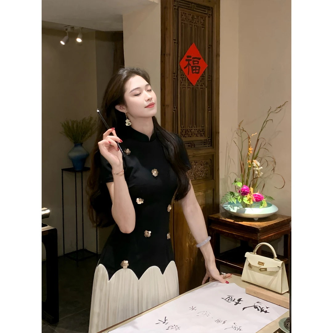 凌茜恣禾【星寐】国风新中式黑色拼接网纱裙气质修身收腰高级感旗袍