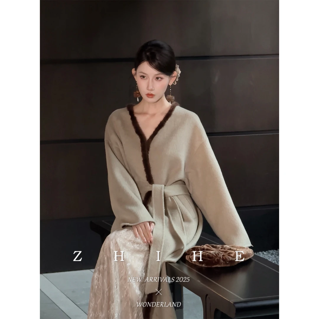 无艳一禾【暮江吟】手工坊-100绵羊毛双面呢大衣+针织衫+半裙