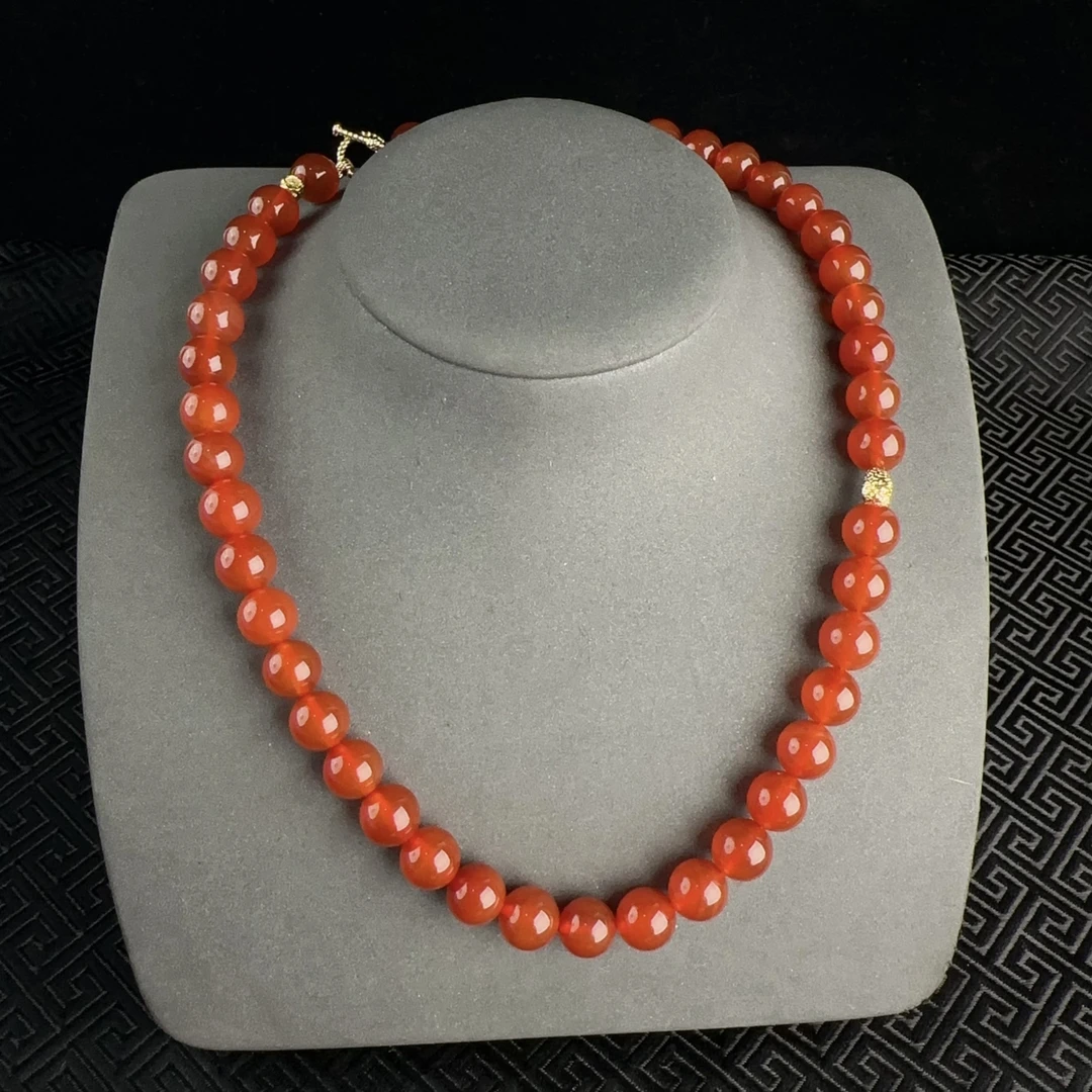 约10mm红玛瑙圆珠搭锤纹铜配件OT扣项链